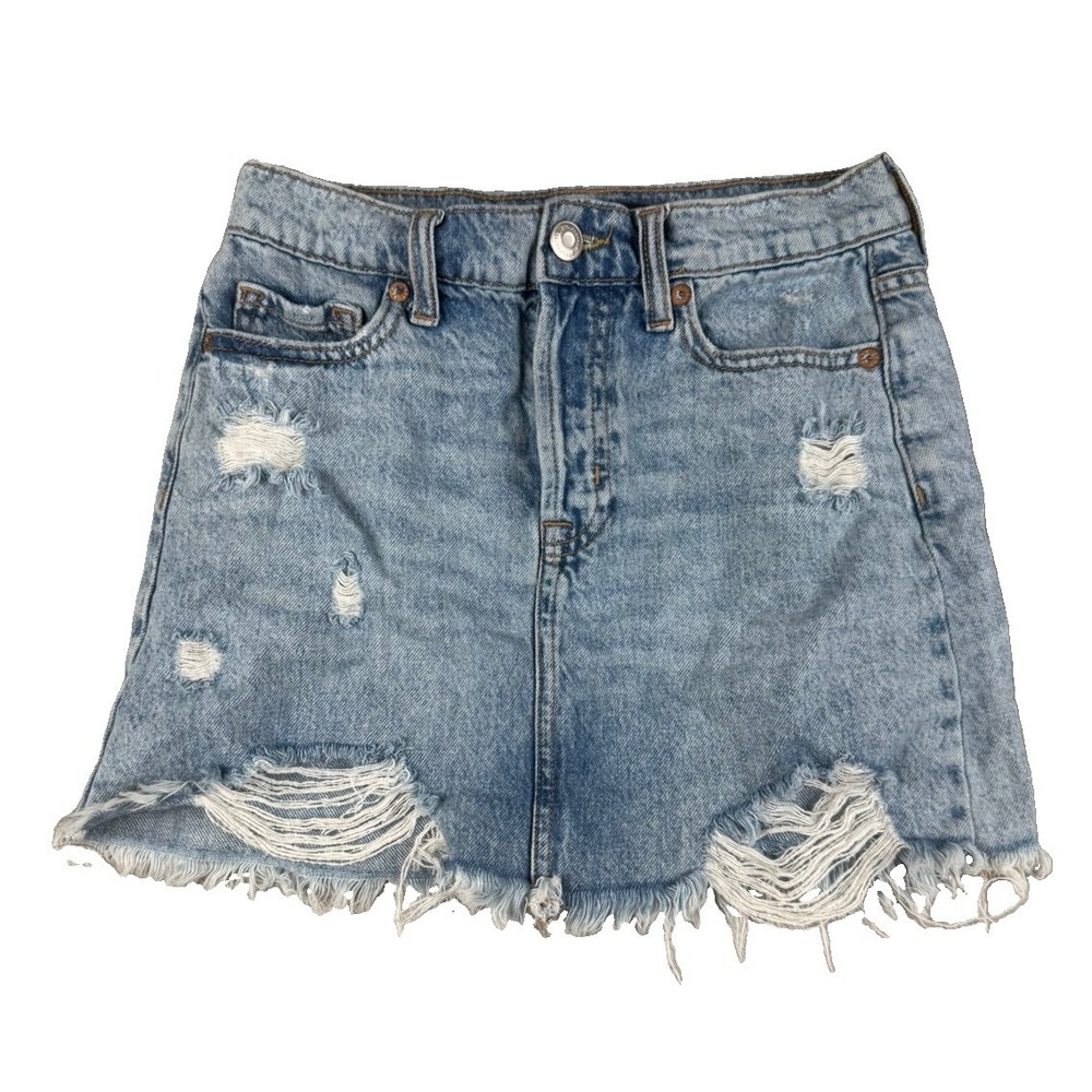 Aeropostale Womens 00 High Rise Denim Mini Skirt Distressed Button Fly Frayed